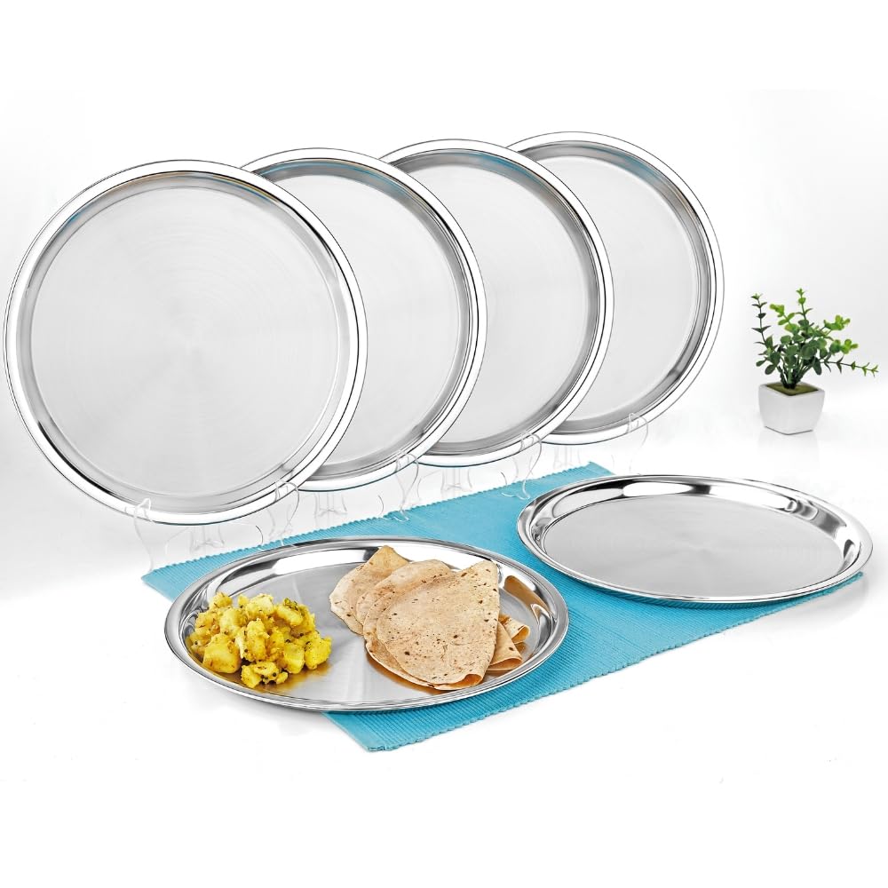 Vinod Stainless Steel Two Tone German Bogi Dish – Serving Dish/Salad Plate/Snack Plate, Set of 6 Pieces, Diameter 21.5 cm, Smokey Grey, Small