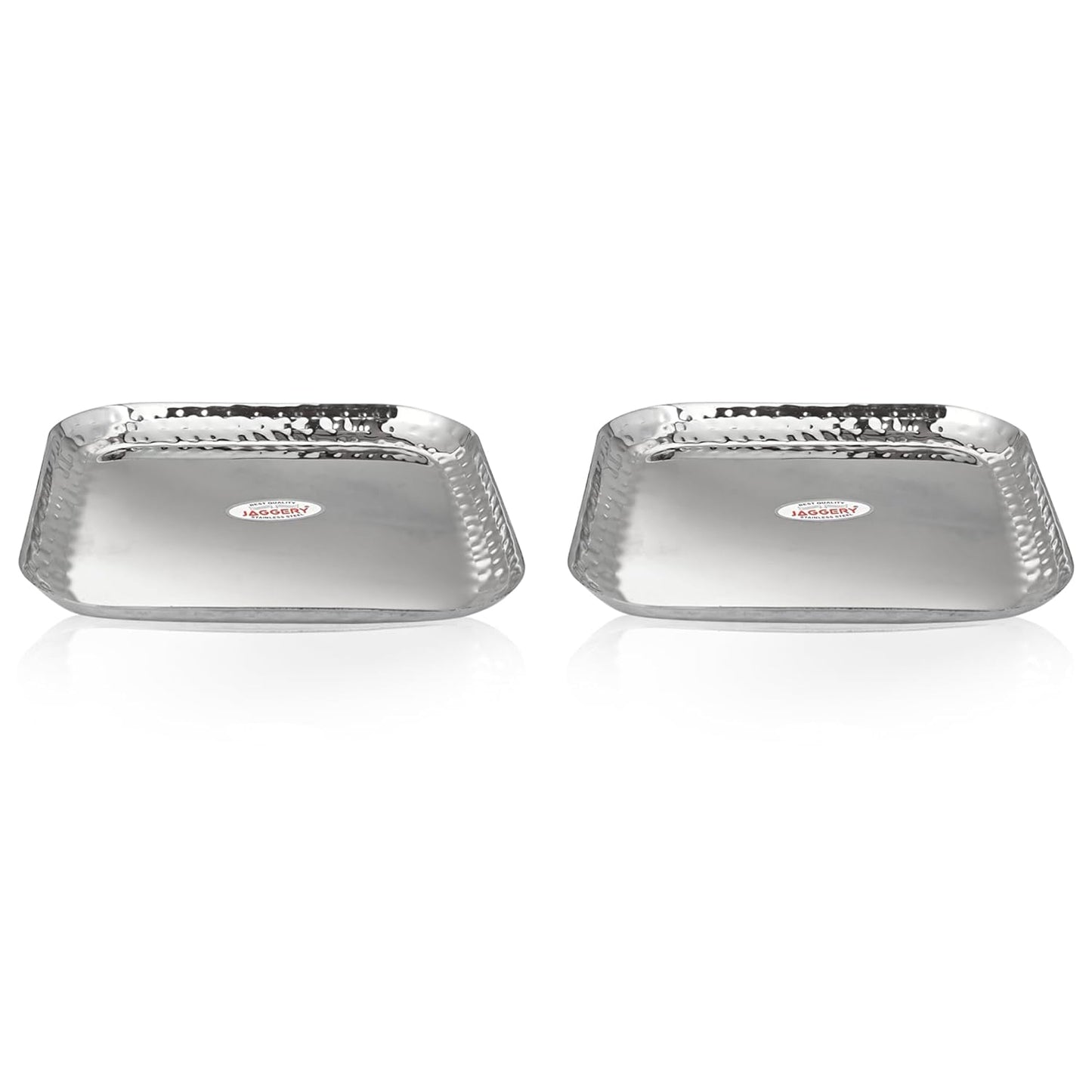 JAGGERY Stainless Steel Medium Square Shape Hammered Plate/Snacks Plate/Breakfast Plate Set of 2pcs, 18cm Length & Width
