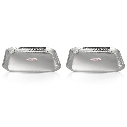 JAGGERY Stainless Steel Medium Square Shape Hammered Plate/Snacks Plate/Breakfast Plate Set of 2pcs, 18cm Length & Width