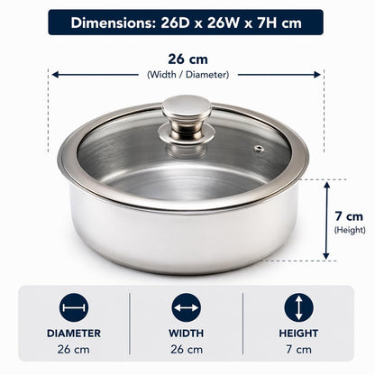 JAGGERY Triply Stainless Steel Shallow Tope with Glass Lid | Induction & Gas Compatible Patila | Cook and Serve | Triply Saucepot No Handles/Fry Pan | Heavy Duty Cookware