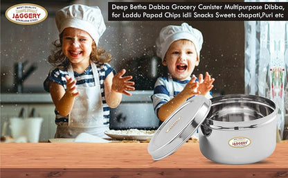JAGGERY Brand Heavy Gauge Stainless Steel Container/Storage Box/Deep Betha Dabba/Grocery Canister/Multipurpose Dibba, for Laddu/Papad/Chips/idli/snacks/sweets/chapati,puri etc (10no.)