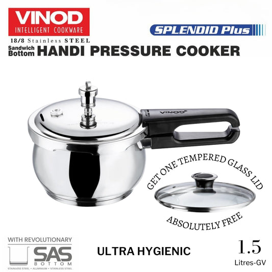 Vinod Splendid Plus Stainless Steel Outer Lid Pressure Cooker, Extra Glass Lid | ISI & CE Certified