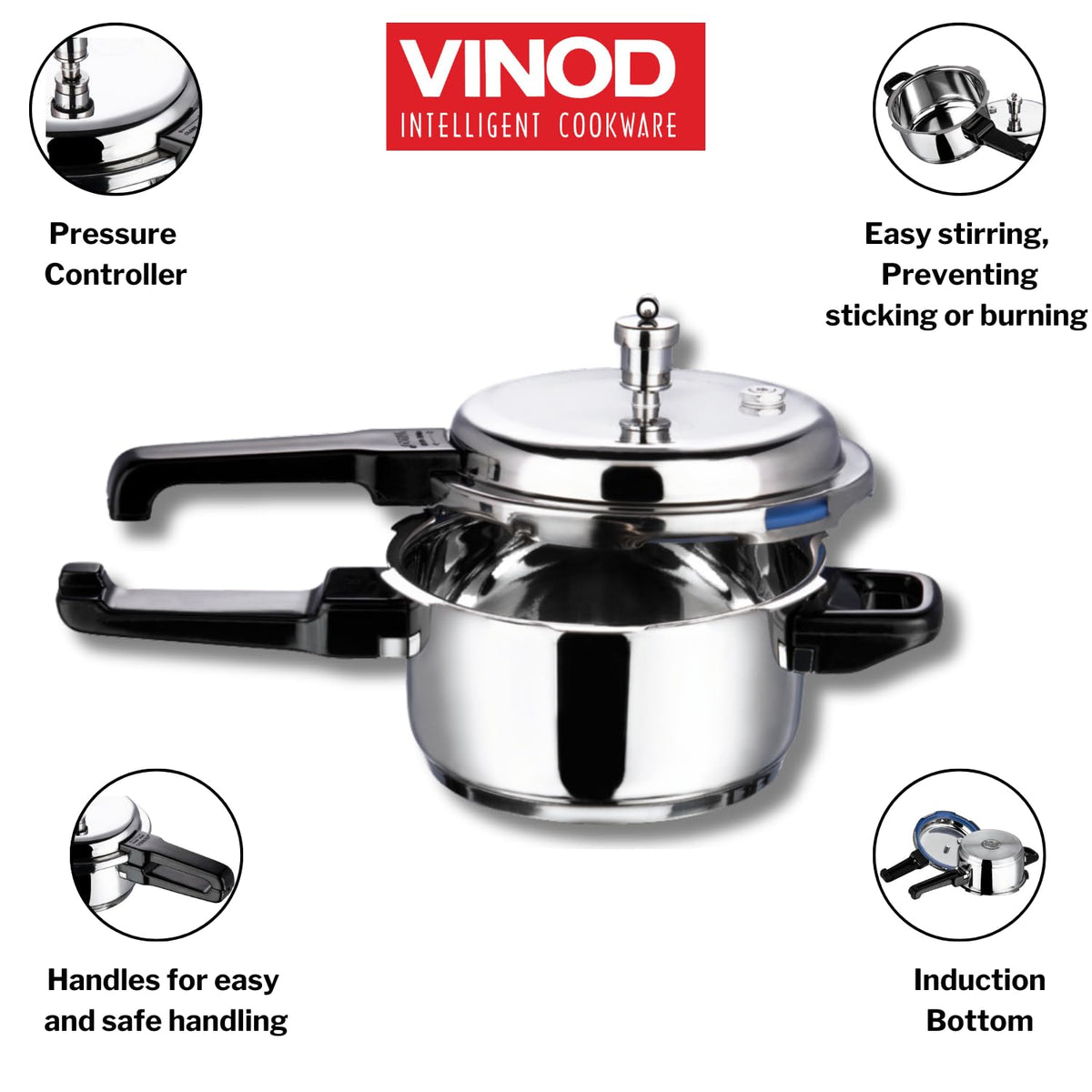 Vinod 18/8 Stainless Steel Outer Lid Pressure Cooker Induction and Gas Base | ISI and CE Certified | 2 Years Warranty
