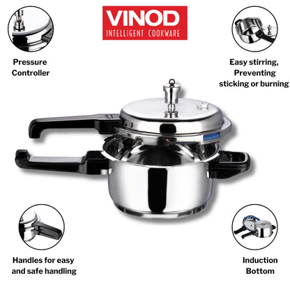 Vinod 18/8 Stainless Steel Outer Lid Pressure Cooker Induction and Gas Base | ISI and CE Certified | 2 Years Warranty