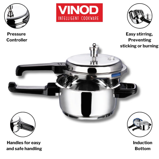 Vinod 18/8 Stainless Steel Outer Lid Pressure Cooker Induction and Gas Base | ISI and CE Certified | 2 Years Warranty