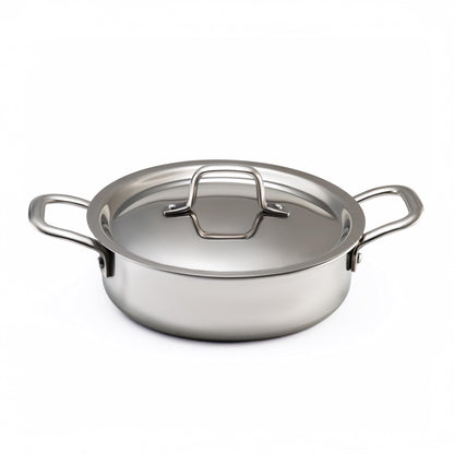 JAGGERY Triply Stainless Steel Shallow Flat Kadai with SS Lid | Cook and Serve | Casserole | Induction & Gas Compatible Jalebi Kadai | Triply Saucepot | Fry Pan | Heavy Duty Cookware