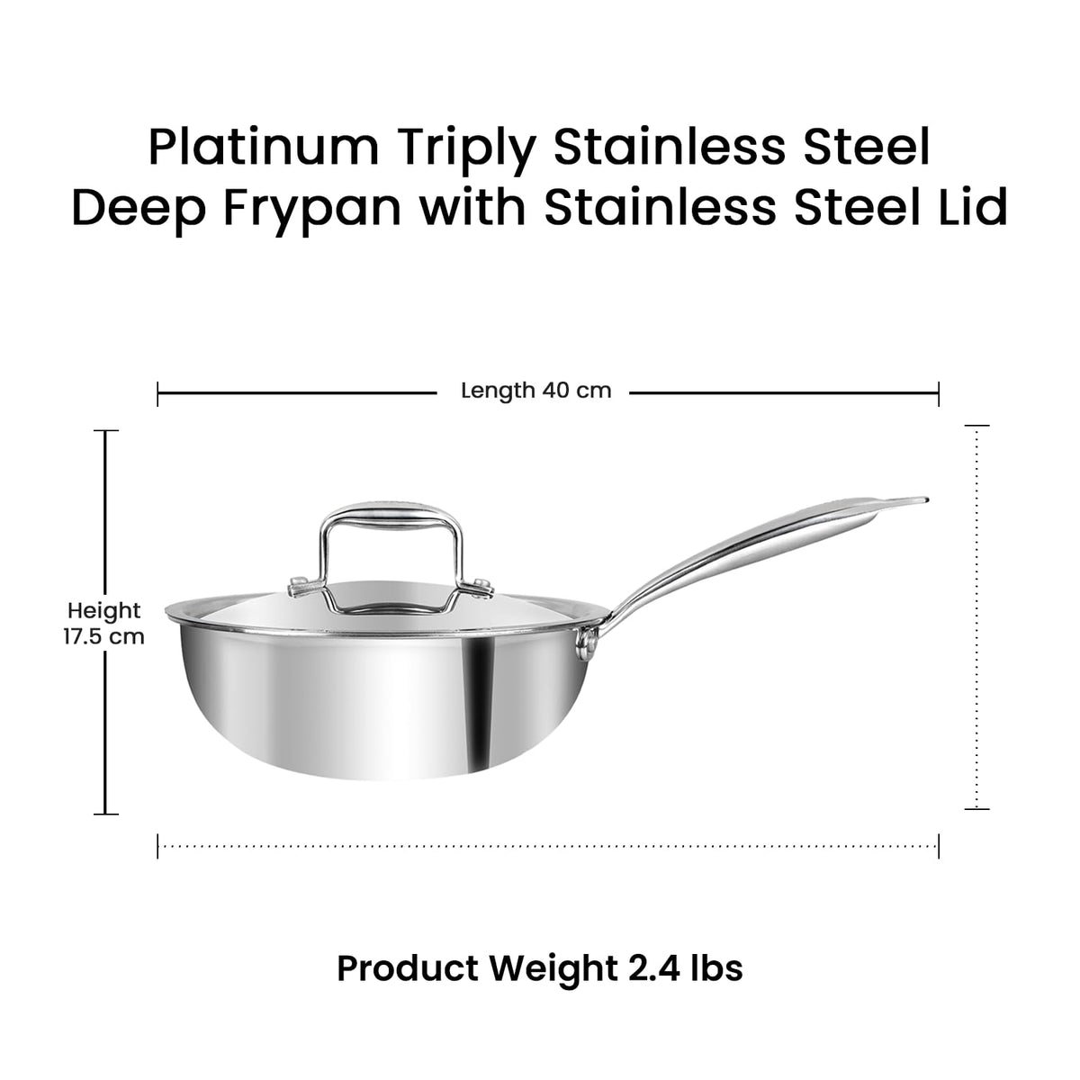 Vinod Platinum Triply Stainless Steel Deep Frying Pan with Lid | 2.5 mm Thick Triply Cookware | Induction and Gas Compatible