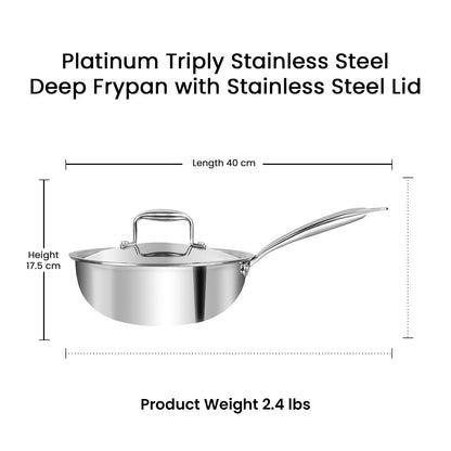 Vinod Platinum Triply Stainless Steel Deep Frying Pan with Lid | 2.5 mm Thick Triply Cookware | Induction and Gas Compatible