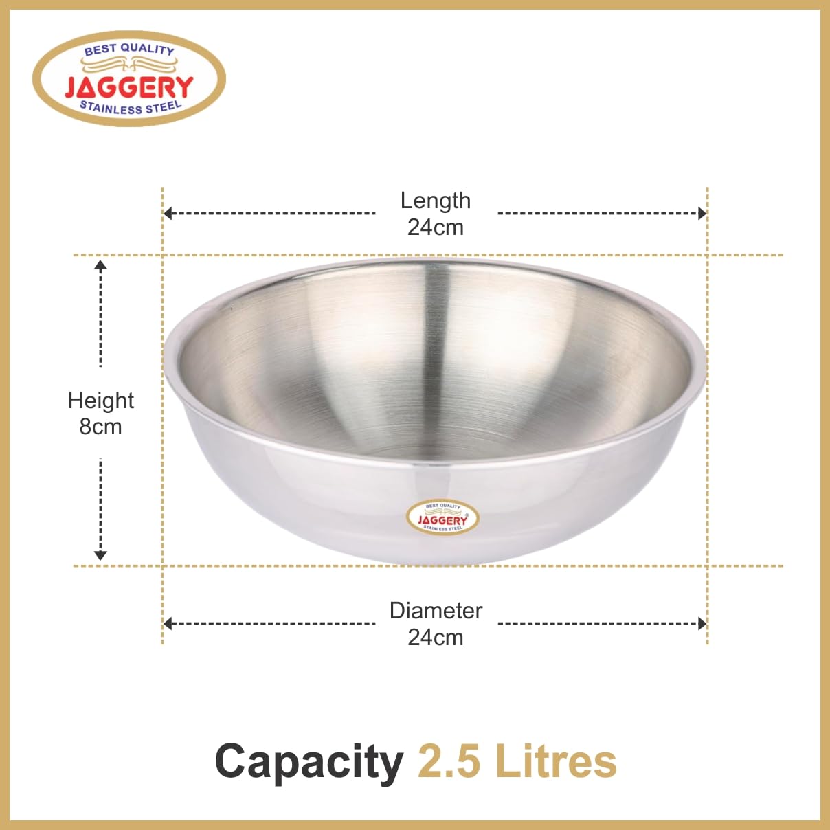 JAGGERY Triply Stainless Steel Cookware Tasla - 2.5 Litre (24 cm), Kadai (Without Handle), Induction & Gas Friendly, Heavy Bottom-Kadai for Cooking