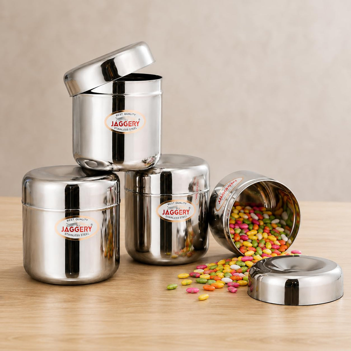JAGGERY Stainless Steel Apple Dabba, Junior Storage Container, Canisters Set of 4 Pcs