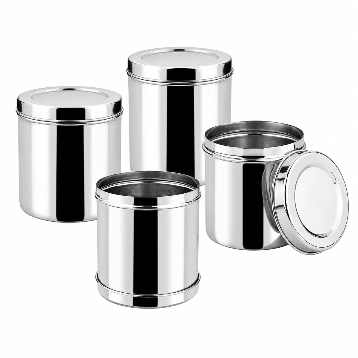 Vinod Stainless Steel Deep Dabba Ubha Dabba Set of 4 Pieces, Silver, Medium (Capacity - 800 ml, Height- 14 cm)