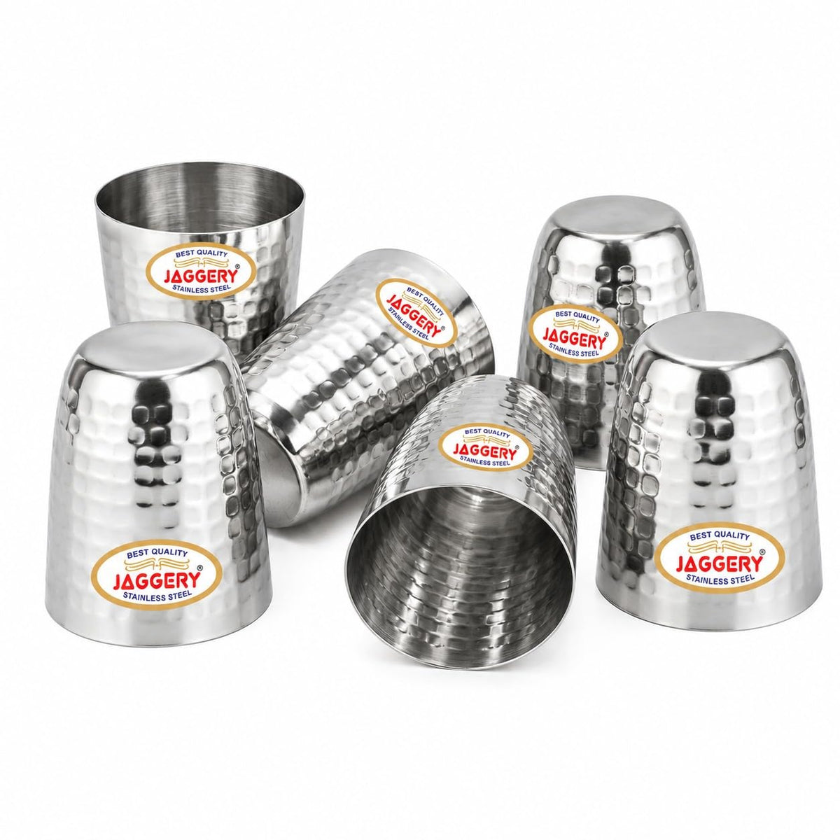 JAGGERY Stainless Steel Hammered Premium Glass  for Drinking - 6pcs Glasses (300 Ml)