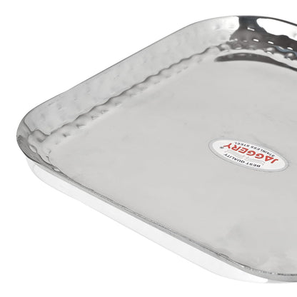JAGGERY Stainless Steel Medium Square Shape Hammered Plate/Snacks Plate/Breakfast Plate Set of 2pcs, 18cm Length & Width