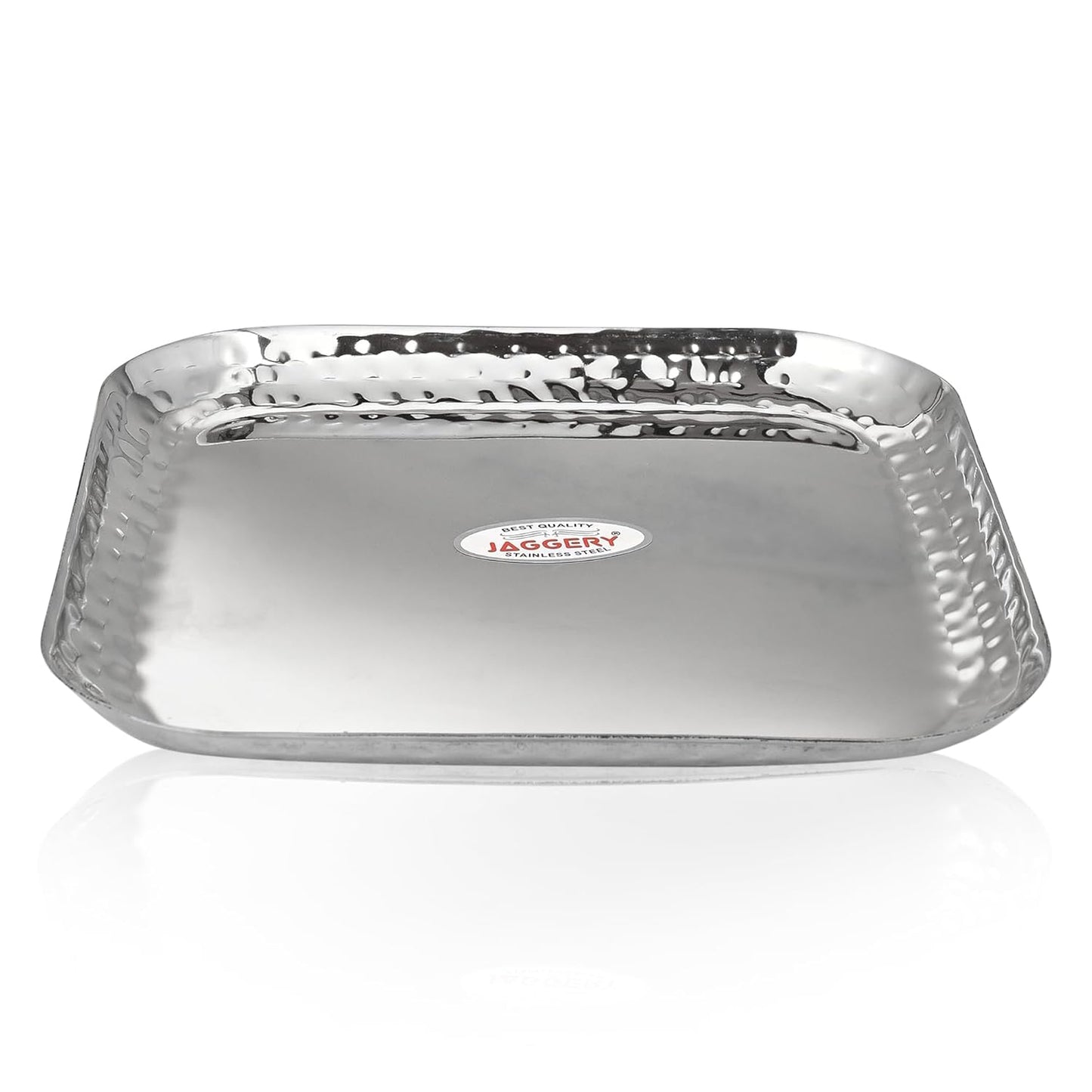 JAGGERY Stainless Steel Medium Square Shape Hammered Plate/Snacks Plate/Breakfast Plate Set of 2pcs, 18cm Length & Width