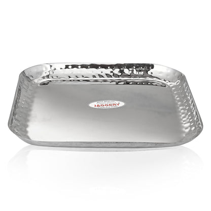 JAGGERY Stainless Steel Medium Square Shape Hammered Plate/Snacks Plate/Breakfast Plate Set of 2pcs, 18cm Length & Width