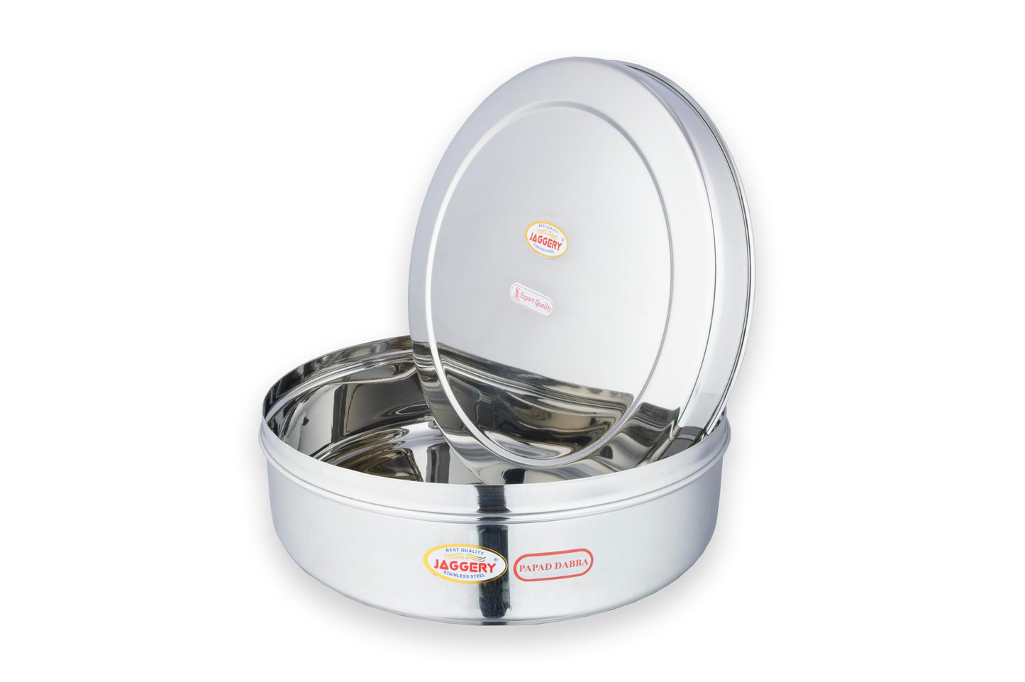 JAGGERY Steel Heavy Mirror Finished Papad Dabba/Multi Purpose Container (Dia- 28cm)