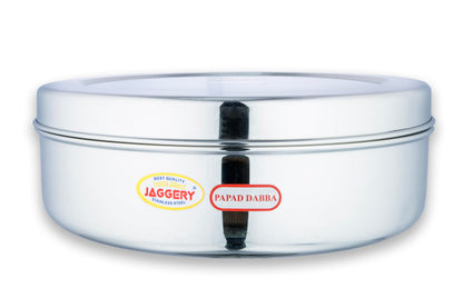 JAGGERY Steel Heavy Mirror Finished Papad Dabba/Multi Purpose Container (Dia- 28cm)