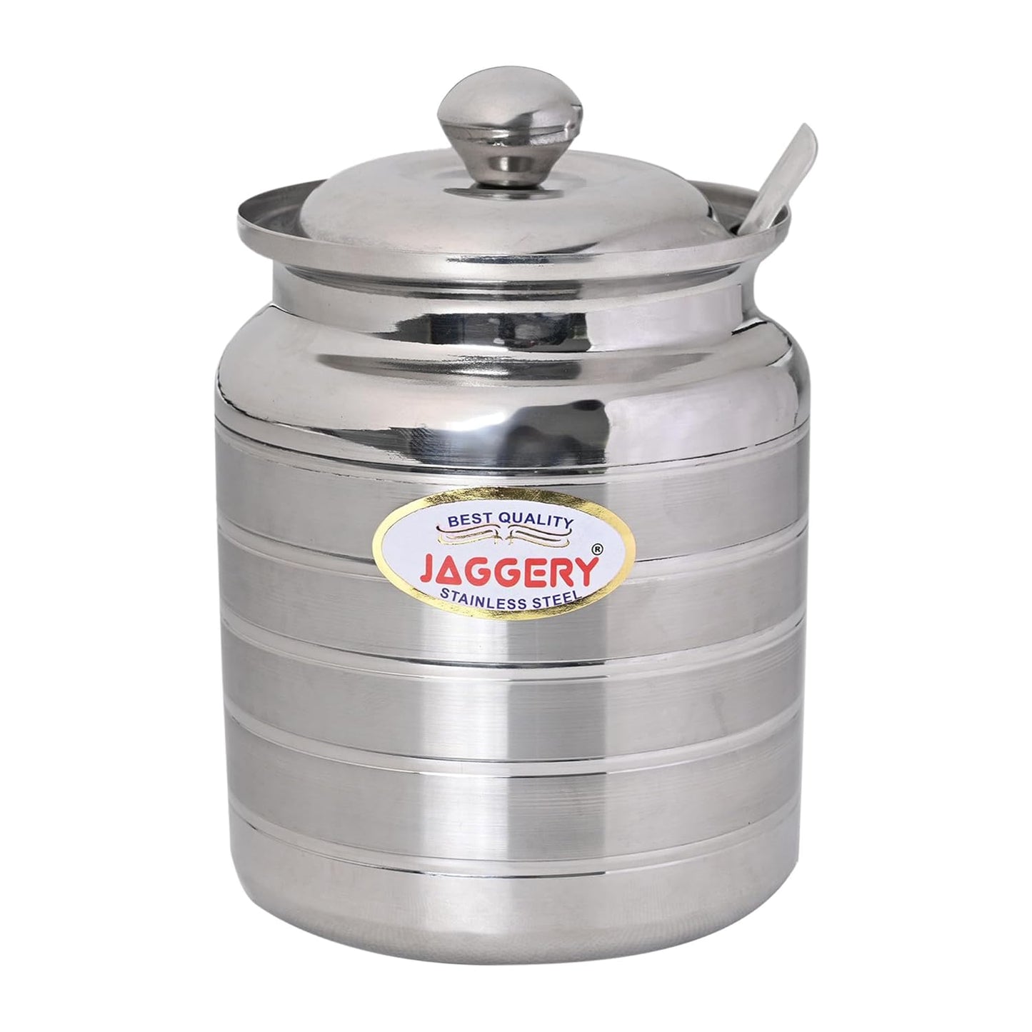 JAGGERY Stainless Steel Ghee Oil Pot Container Kitchen Storage, Dispenser Oil Container With Lid And Spoon (pack of 1pcs) Capacity-600ml, (Dia-9cm, H-10.5cm)