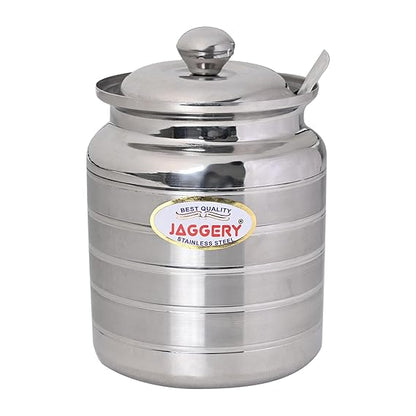 JAGGERY Stainless Steel Ghee Oil Pot Container Kitchen Storage, Dispenser Oil Container With Lid And Spoon (pack of 1pcs) Capacity-600ml, (Dia-9cm, H-10.5cm)