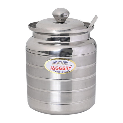 JAGGERY Stainless Steel Ghee Pot  Oil Container With Lid And Spoon (pack of 1pcs) Capacity-600ml, (Dia-9cm, H-10.5cm)