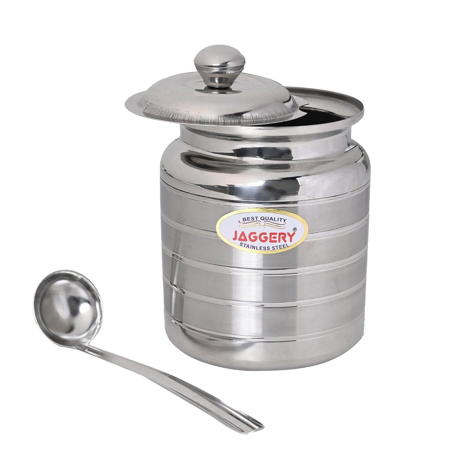 JAGGERY Stainless Steel Ghee Oil Pot Container Kitchen Storage, Dispenser Oil Container With Lid And Spoon (pack of 1pcs) Capacity-600ml, (Dia-9cm, H-10.5cm)