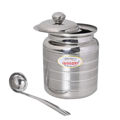 JAGGERY Stainless Steel Ghee Oil Pot Container Kitchen Storage, Dispenser Oil Container With Lid And Spoon (pack of 1pcs) Capacity-600ml, (Dia-9cm, H-10.5cm)