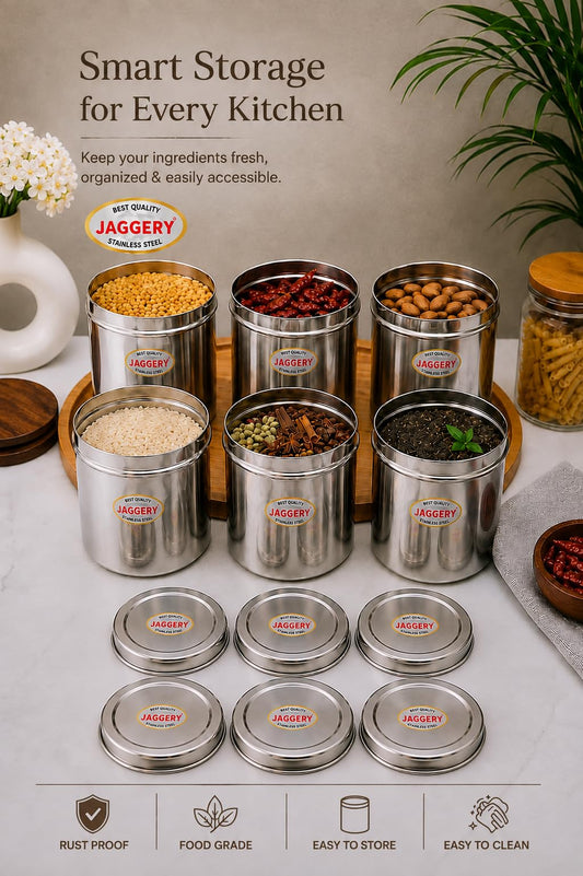 JAGGERY Stainless Steel Tall Container, Ubha Dabba, Set of 6, Silver