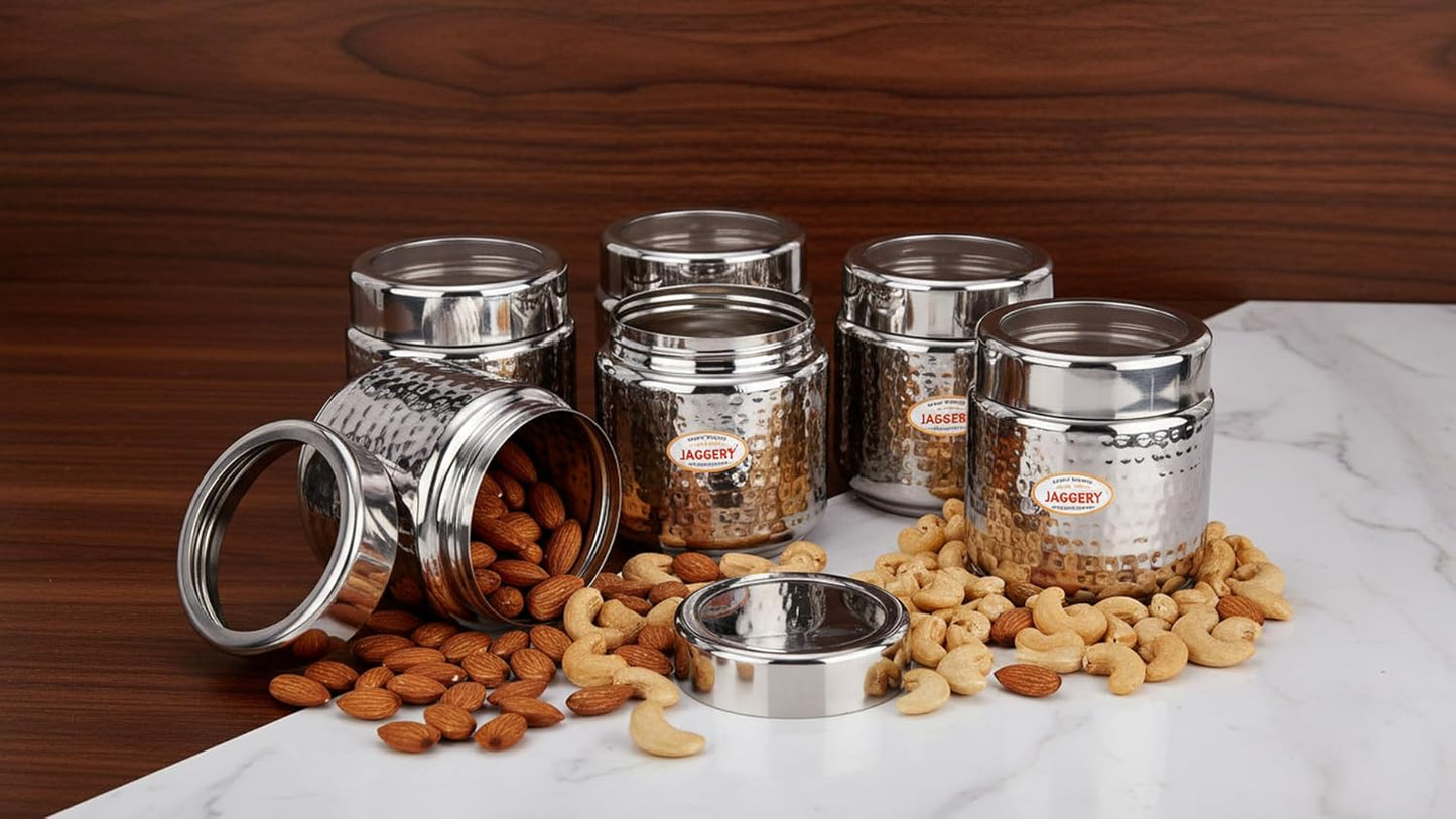 JAGGERY Stainless Steel Kitchen Storage Containers with Hammered Design, Airtight Lids (300ml,Set of 2)