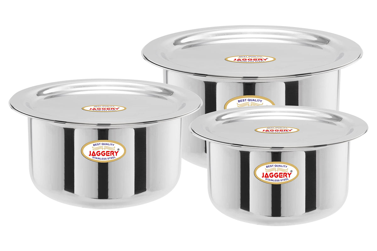 JAGGERY Stainless Steel Round Bottom Heavy Gauge Patila/Bhagona/Tapeli/Tope with Lid