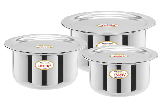 JAGGERY Stainless Steel Round Bottom Heavy Gauge Patila/Bhagona/Tapeli/Tope with Lid