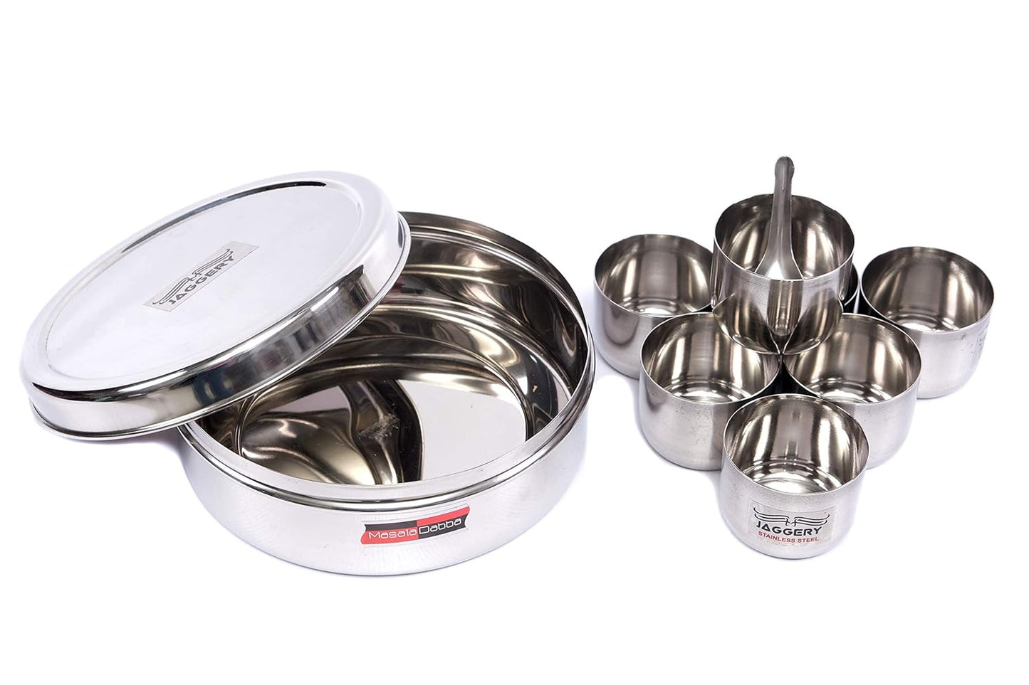 JAGGERY Stainless Steel Masala (Spice) Box/Dabba/Organizer with 7 Containers and Small Spoon (Dia- 7.1 Inch_18 Cm, Height - 2.8 Inch_7 Cm, Silver)