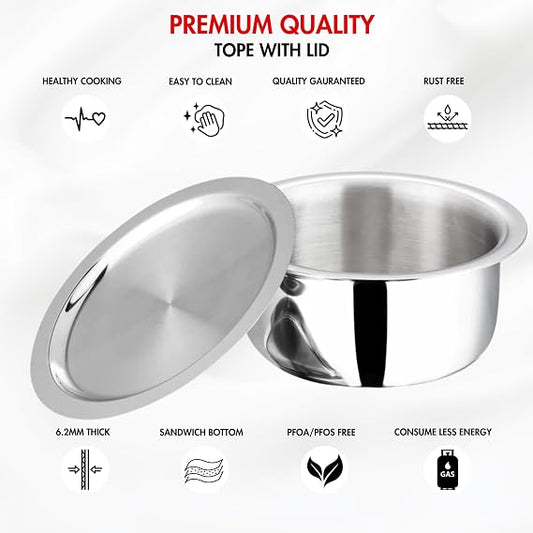 Vinod Platinum Triply Stainless Steel Tope/Patila with Stainless Steel Lid | Induction and Gas Stove Friendly, 5 Years Warranty