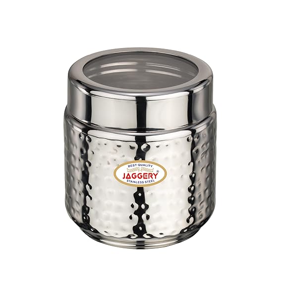 JAGGERY Stainless Steel Kitchen Storage Containers with Hammered Design, Airtight Lids (300ml,Set of 4)