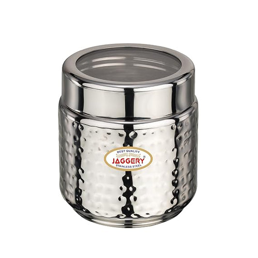 JAGGERY Stainless Steel Kitchen Storage Containers with Hammered Design, Airtight Lids (300ml,Set of 4)