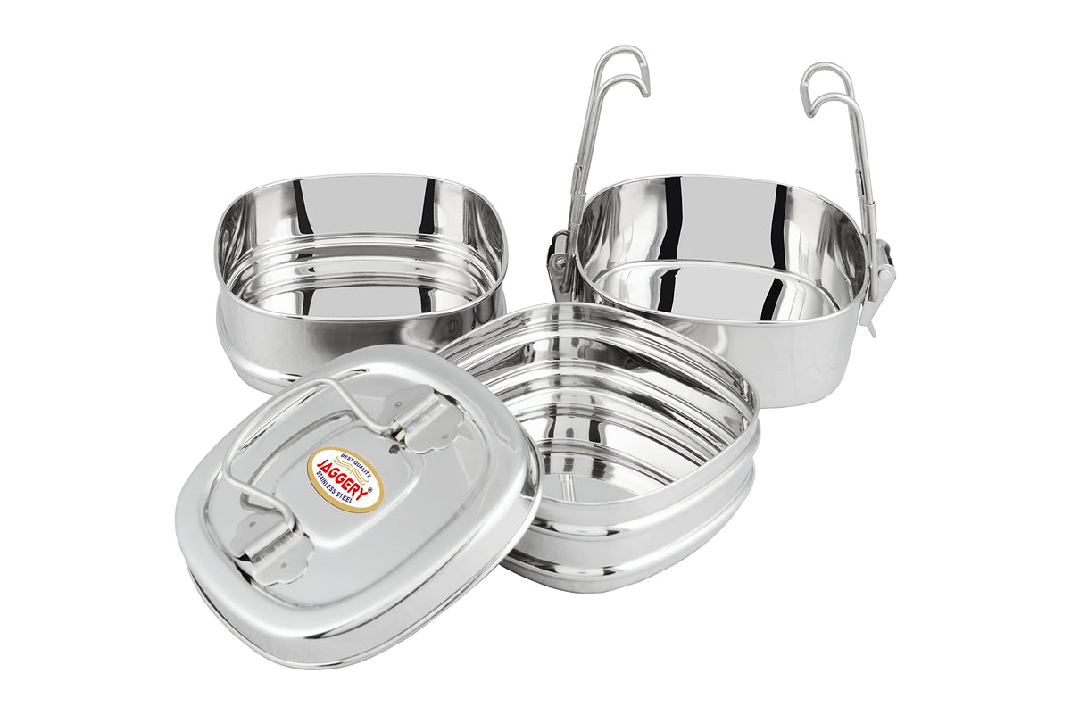 JAGGERY Stainless Steel Square 3 Container Lunch Box, Square Clip Tiffin, Capacity Per Bowl 400 ml