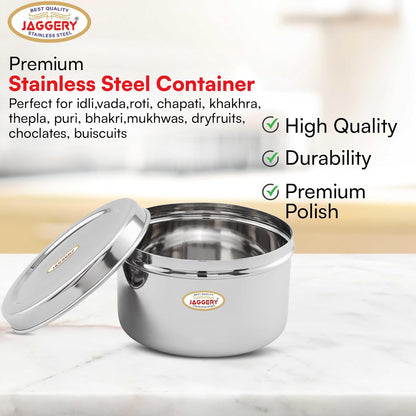 JAGGERY Brand Heavy Gauge Stainless Steel Container/Storage Box/Deep Betha Dabba/Grocery Canister/Multipurpose Dibba (Capacity- 4300Ml, Pack Of 1Pc) For Laddu/Papad/Chips/Idli, Silver
