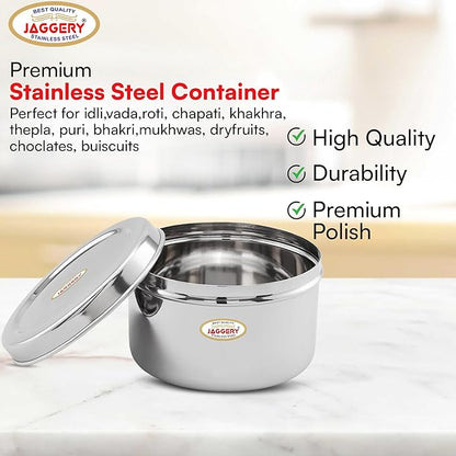 JAGGERY Brand Heavy Gauge Stainless Steel Container/Storage Box/Deep Betha Dabba/Grocery Canister/Multipurpose Dibba (Capacity- 2400Ml, Pack Of 1Pc) For Laddu/Papad/Chips/Idli, Silver