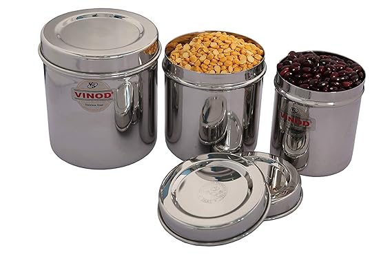 Vinod Stainless Steel Container with Lid - 800 ml, 1 L, 1.2 L, 3 Pieces, Silver