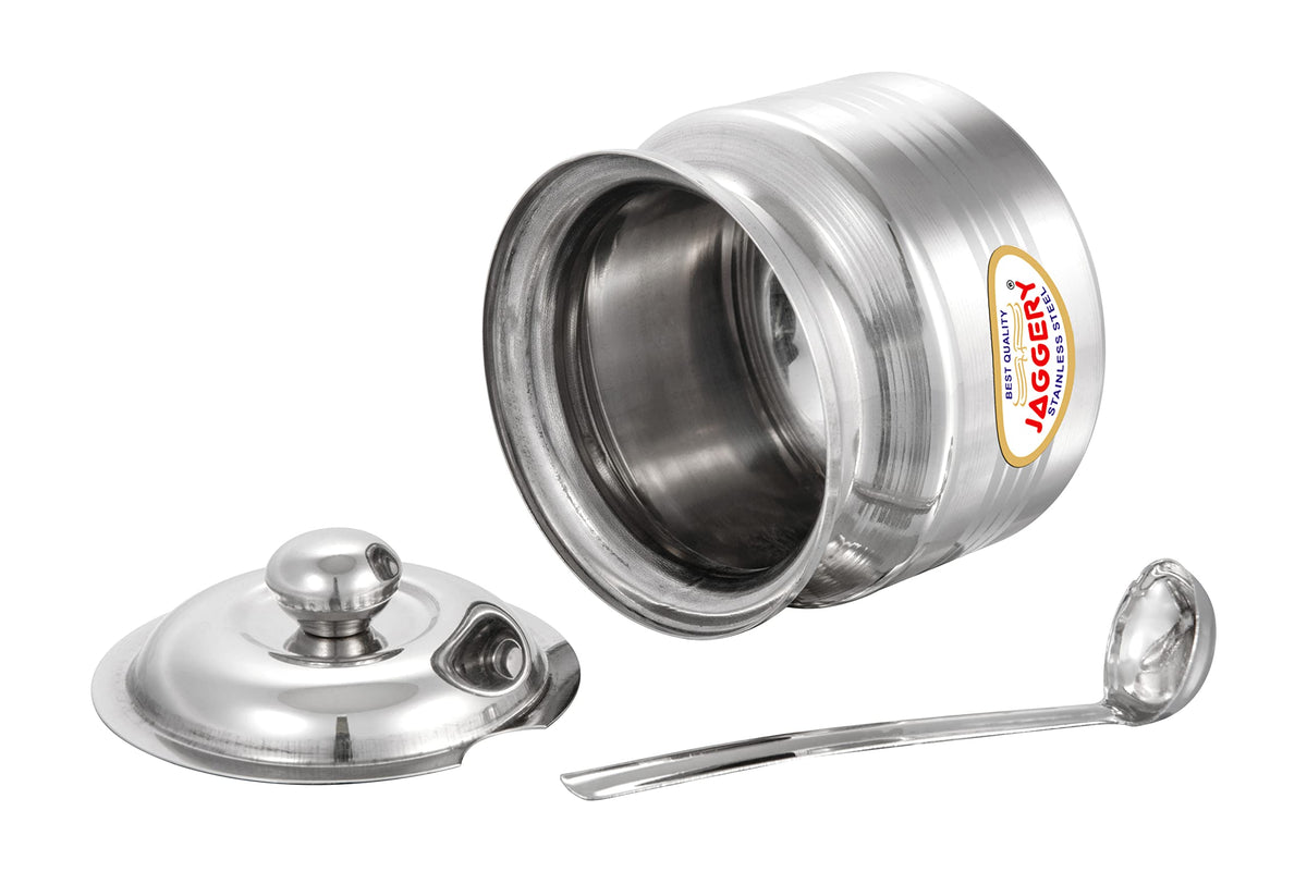 JAGGERY Stainless Steel Ghee Dani Oil Pot With Lid And Spoon, Capacity- 210ml, 350ml (Pack of 2)
