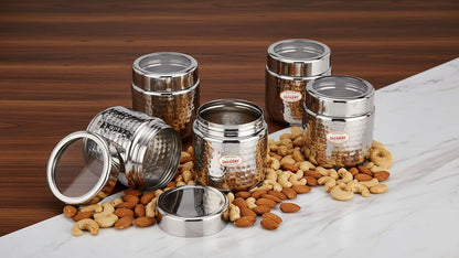 JAGGERY Stainless Steel Kitchen Storage Containers with Hammered Design, Airtight Lids (200ml,Set of 2)