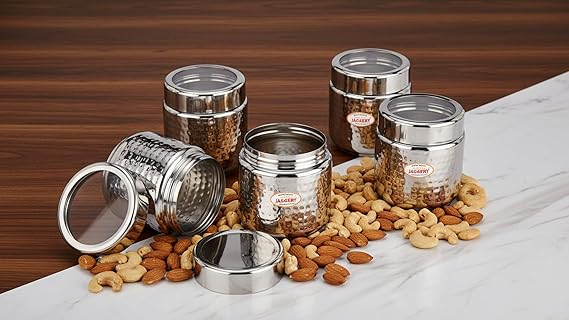 JAGGERY Stainless Steel Kitchen Storage Containers with Hammered Design, Airtight Lids (200ml,Set of 2)