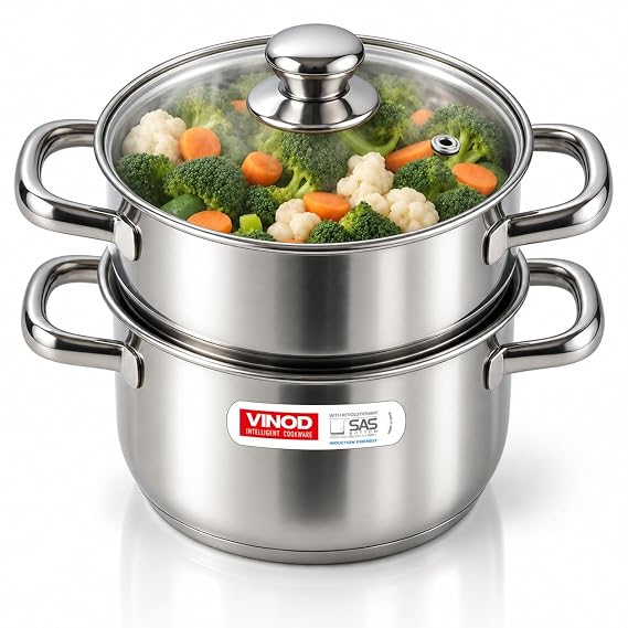 Vinod Stainless Steel 2-Tier Steamer with Glass Lid, 18 cm | 2.5 mm Thick Base