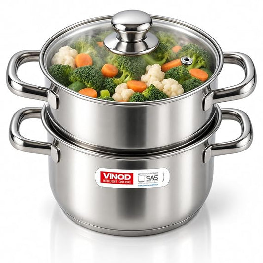 Vinod Stainless Steel 2-Tier Steamer with Glass Lid, 20 cm | 2.5 mm Thick Base
