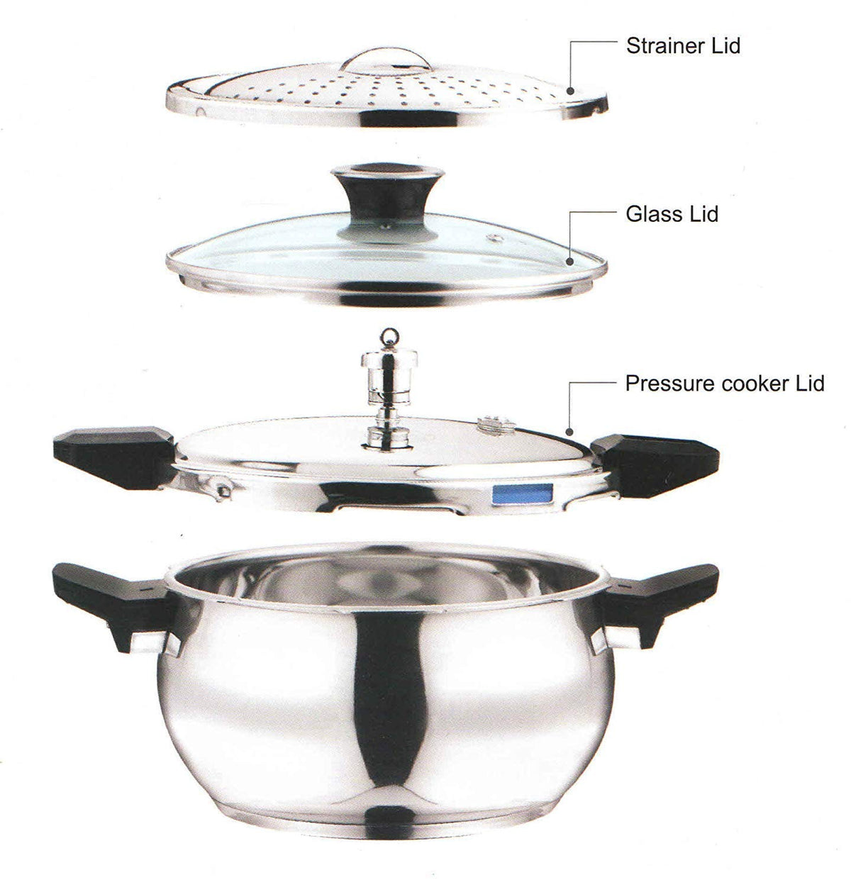 Vinod Magic Stainless Steel 3-in-1 Pressure Cooker with Pressure Lid, Straining Lid and Glass Lid