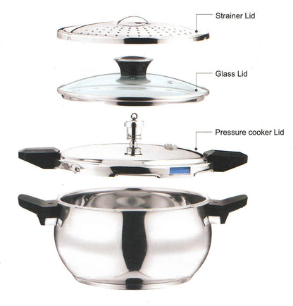 Vinod Magic Stainless Steel 3-in-1 Pressure Cooker with Pressure Lid, Straining Lid and Glass Lid