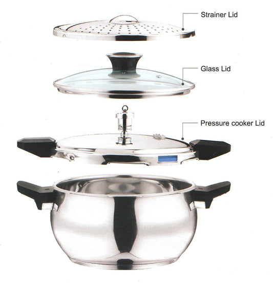 Vinod Magic Stainless Steel 3-in-1 Pressure Cooker with Pressure Lid, Straining Lid and Glass Lid