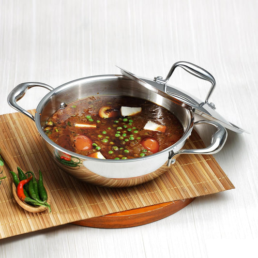 Vinod Platinum Triply Stainless Steel Extra Deep Kadai with Lid- 18 cm, 1.2 Ltr