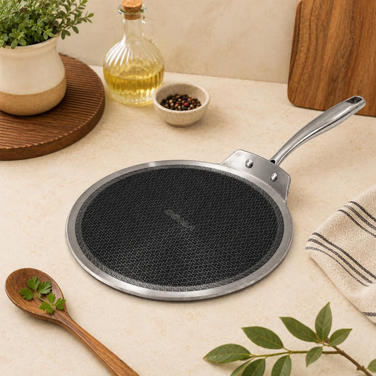 Vinod SAS Pro Platinum Triply Stainless Steel Non Stick Dosa Tawa | HexaShield Design Stick-Resistant Surface Induction & Gas Compatible | PFOA-Free