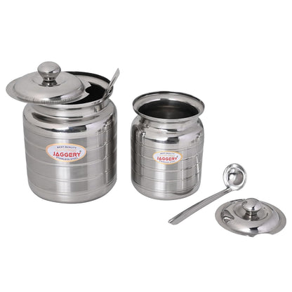 JAGGERY Stainless Steel Ghee Pot, Oil Container with spoon, Silver Touch Finish (pack of 2pcs) Capacity-600ml, (Dia-9cm, H-10.5cm)