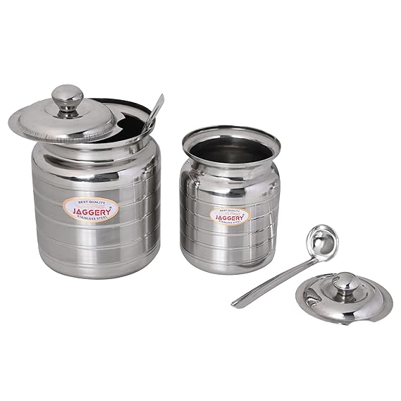 JAGGERY Stainless Steel Ghee Pot, Oil Container with spoon, Silver Touch Finish (pack of 2pcs) Capacity-600ml, (Dia-9cm, H-10.5cm)